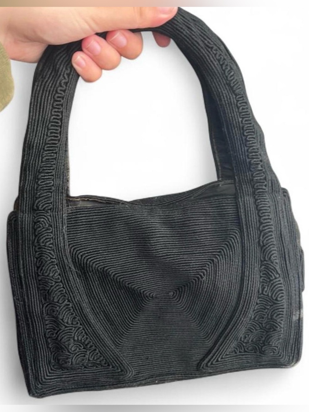 1940s-1950s Vintage Corde Art Deco Black Textured Top-Handle Women's Hand Bag
